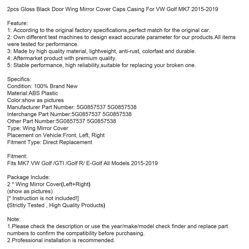 2015-2019  MK7 VW Golf /GTI /Golf R/ E-Golf  2pcs Gloss Black Door Wing Mirror Cover Caps Casing  5G0857537