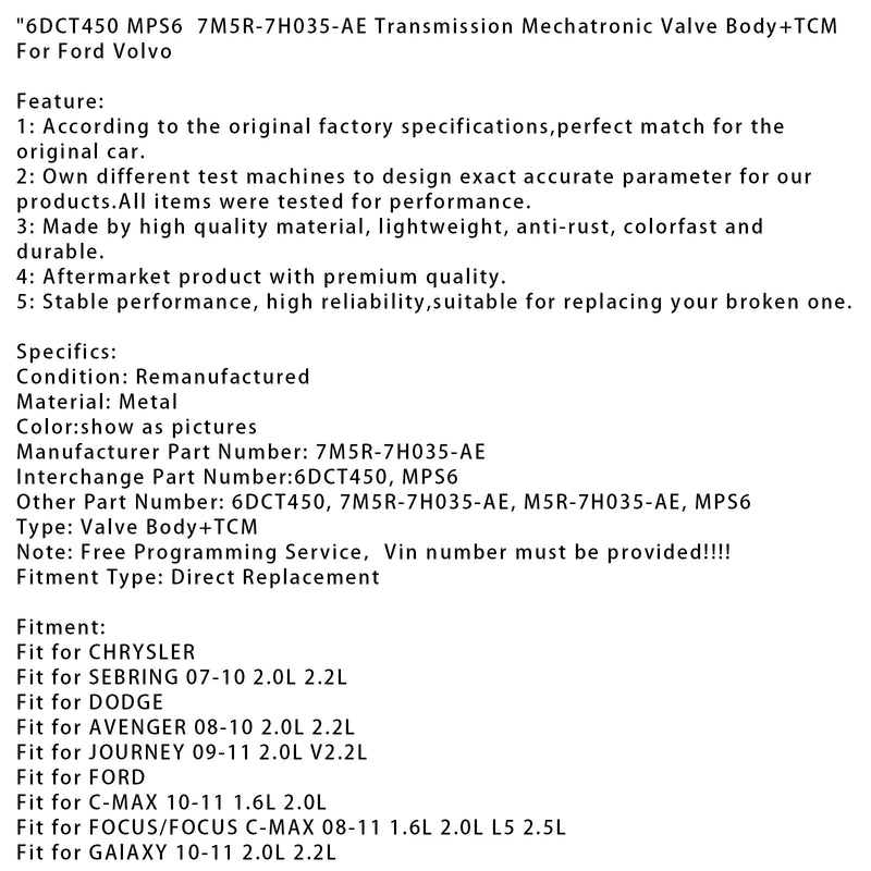 6DCT450 MPS6 7M5R-7H035-AE Übertragung Mechatronische Ventil Körper + TCM Für Ford