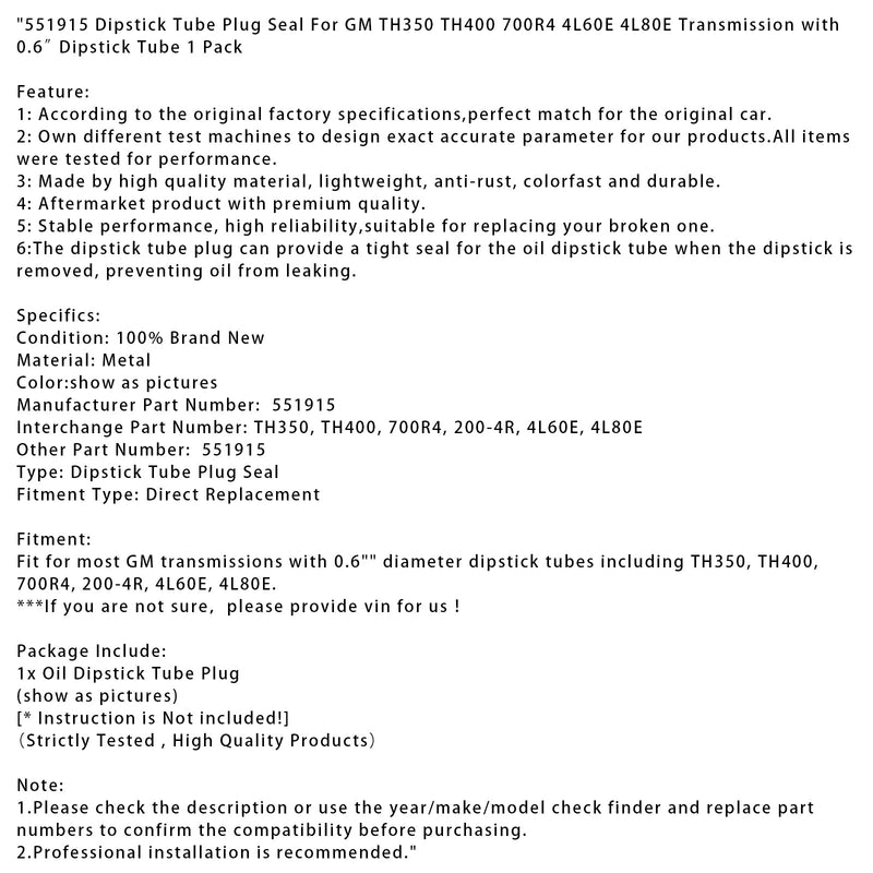 551915 Ölmessstab-Rohrverschlussdichtung für GM TH350 TH400 700R4 4L60E 4L80E 0,6 Zoll, 1 Stück