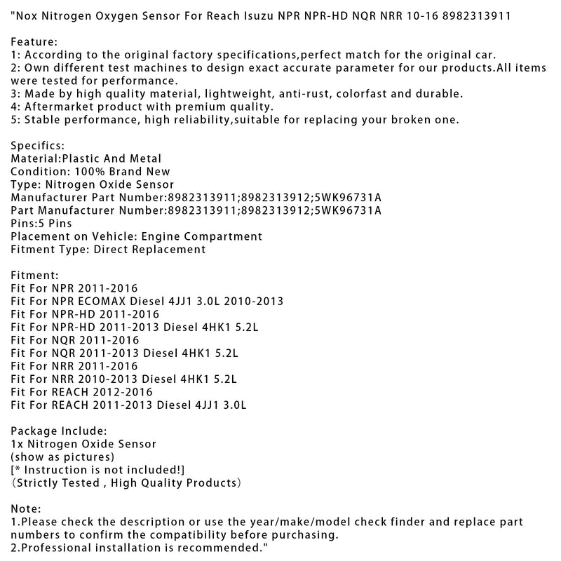 Nox Stickstoff Sauerstoff Sensor Für Erreichen Isuzu NPR NPR-HD NQR NRR 10-16 8982313911