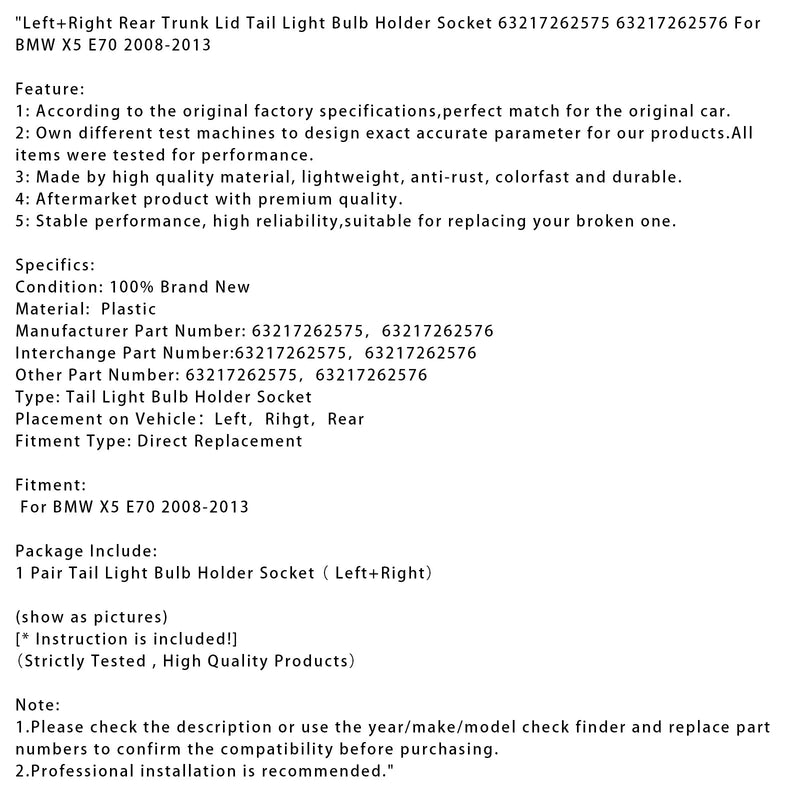 2008–2013 BMW X5 E70 links + rechts hinten Kofferraumdeckel Rücklicht Lampenfassung Sockel 63217262575 63217262576