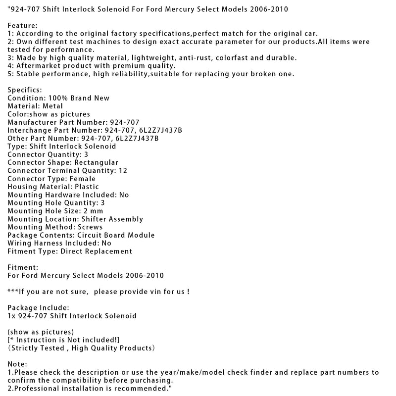 Schaltsperrenmagnetventil für ausgewählte Ford- und Mercury-Modelle (2006–2010) 924-707 6L2Z7J437B