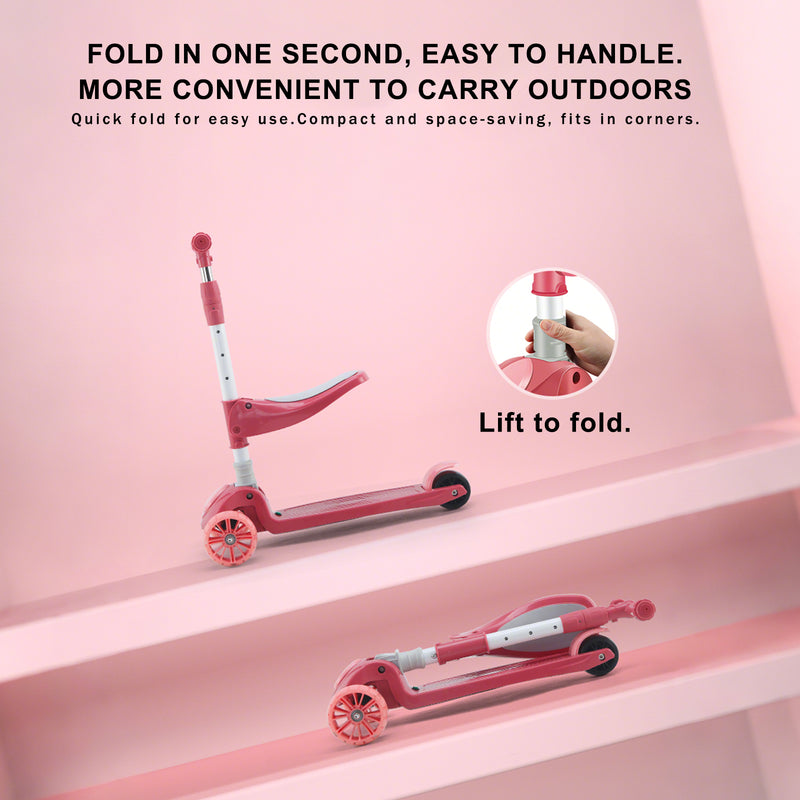 2-in-1 Kinderroller mit klappbarem Sitz, LED-Licht, 3 Rädern und verstellbarem Klapp-Lenker – Blau/Rosa