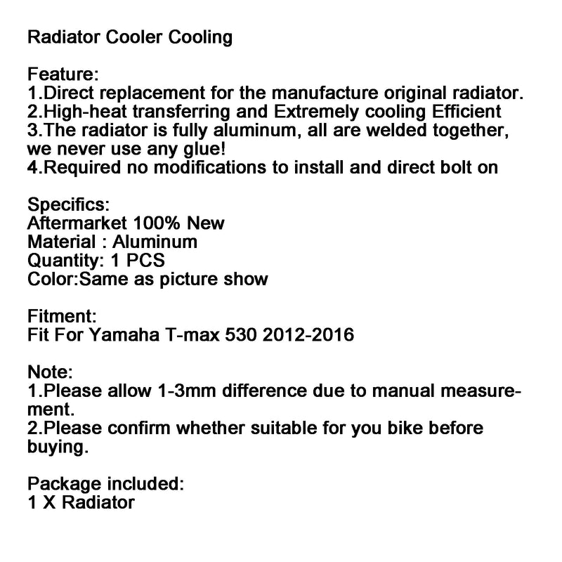 2012-2016 Yamaha TMAX530 T-max 530 Aluminium Radiator Kjøle Radiator Sølv