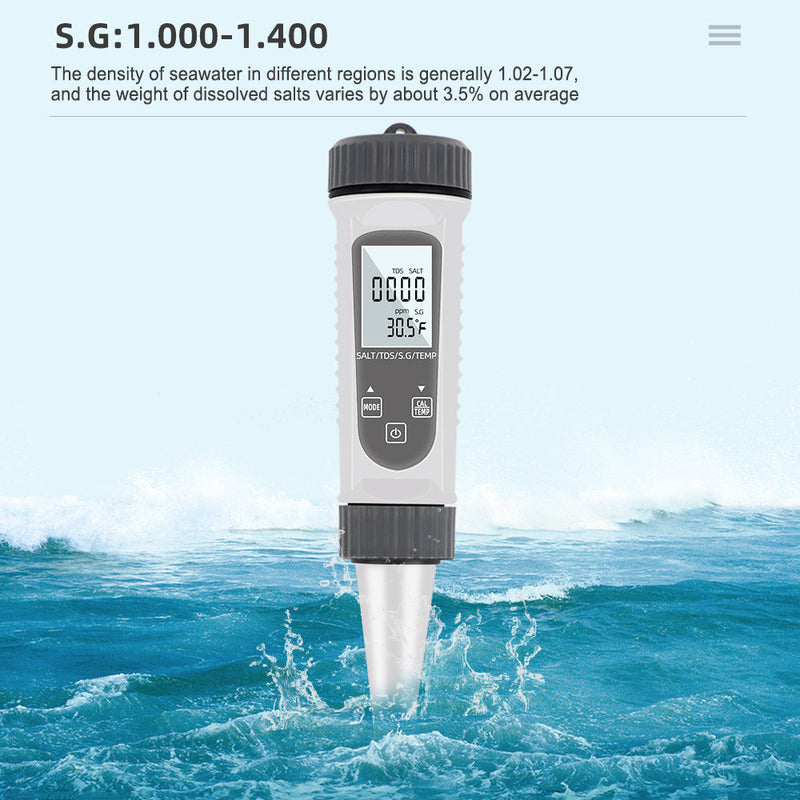 Medidor Digital de calidad del agua 4 en 1 EC/SG/TEMP/salinidad, herramienta de prueba