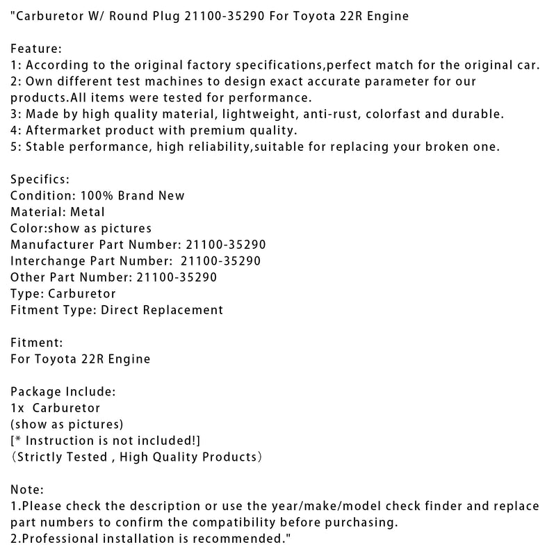 Vergaser mit rundem Stecker 21100-35290 für Toyota 22R-Motor