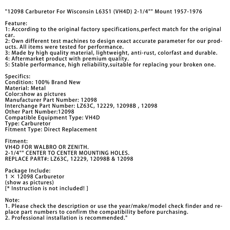 12098 Vergaser für Wisconsin L63S1 (VH4D) 2-1/4" Halterung 1957-1976