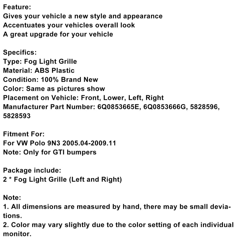 2005-2009 VW POLO 9N3 GTI 2PCS Luces antiniebla de la cubierta Griller 6q085365e 6q0853666g