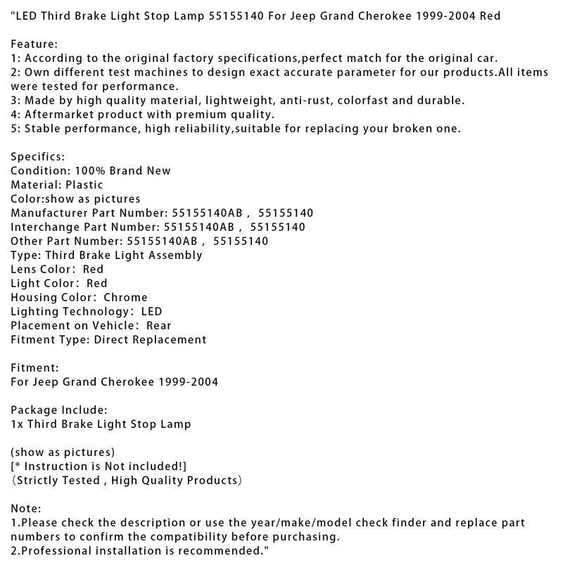 LED-Bremsleuchte (dritte Bremsleuchte) für Jeep Grand Cherokee (1999–2004), Teilenummer 55155140, rot