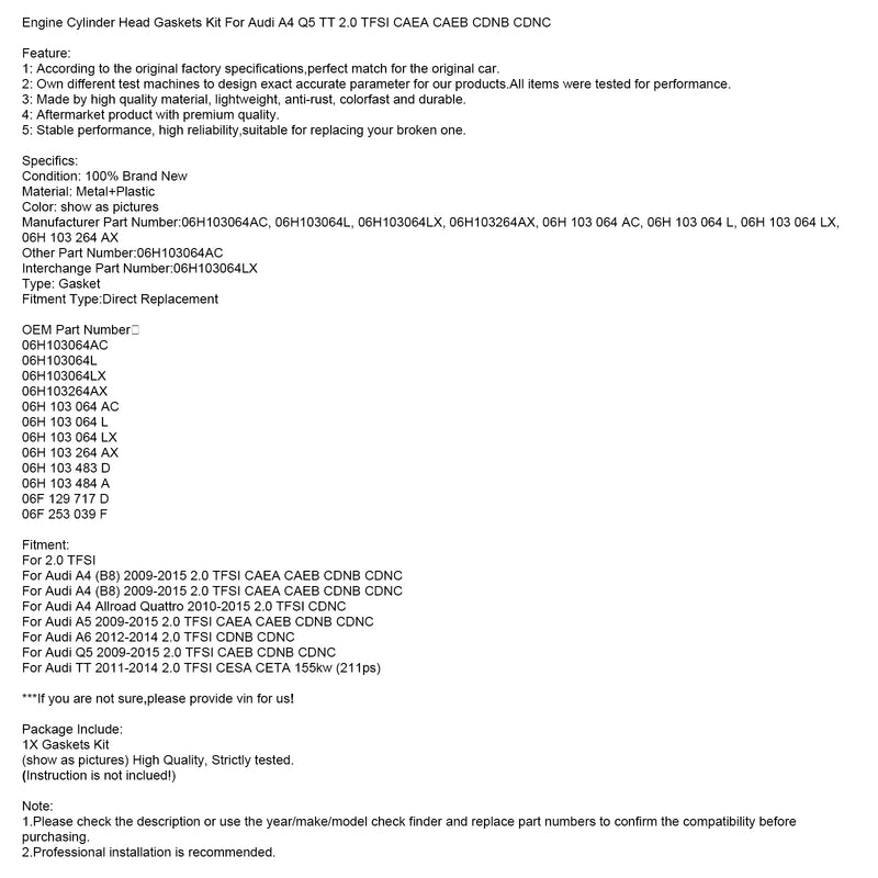 Moottorin sylinterikannen tiivistesarja Audi A4 Q5 TT 2.0 TFSI CAEA CAEB CDNB CDNC