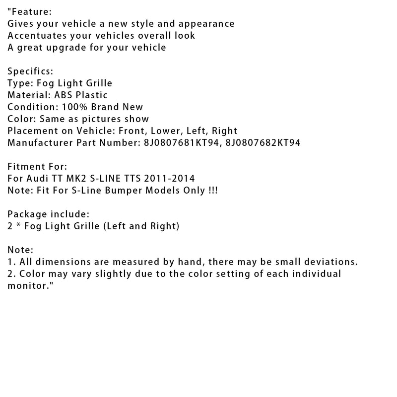 2011–2014 Audi TT Mk2 S-Line TTS plášťová mřížka pro přední podlahovou tyč, mlhová světla