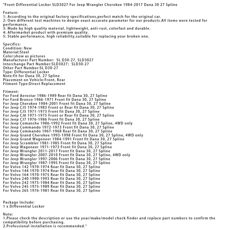 1975–1989 Volvo 245 na zádech pro Dana 30, 27 SPLINE Front Diferencial Locking SLD3027