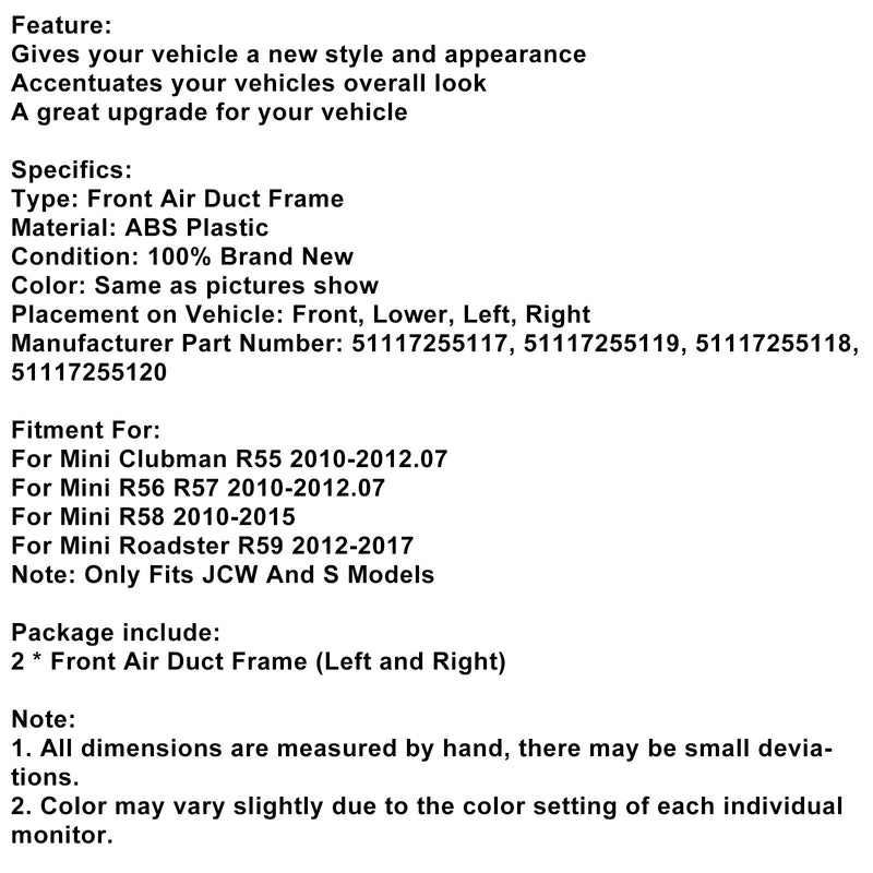 2010–2012.07 Mini Clubman R55, glänzend schwarzer Luftkanalrahmen vorne, 51117255117, 51117255119