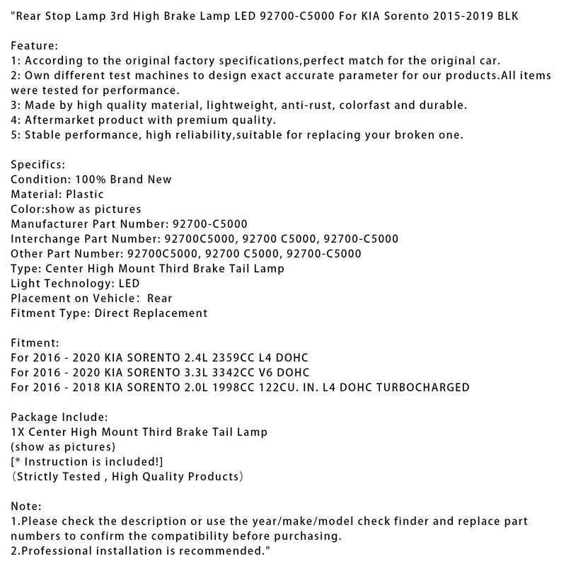 2015-2019 KIA Sorento Rear Stop Lamp 3rd High Brake Lamp LED 92700-C5000 BLK