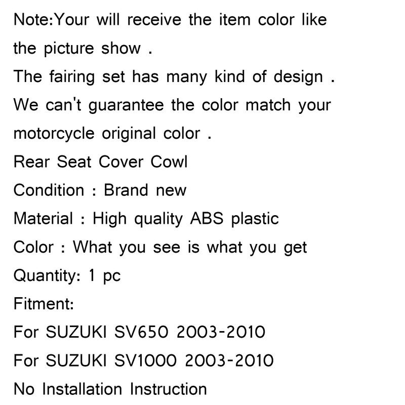 Cubierta de asiento de pasajero trasero para SUZUKI SV650 SV1000 2003-2013