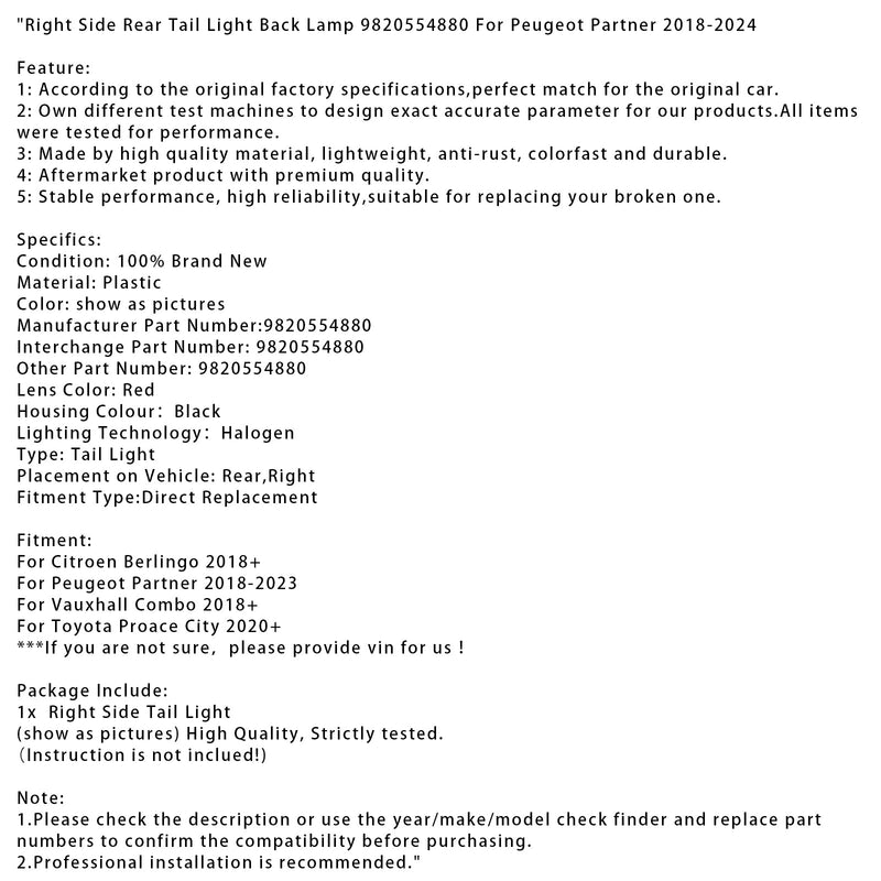 2018–2023 Peugeot Partner rechte Seite Rücklicht Rückleuchte 9820554880