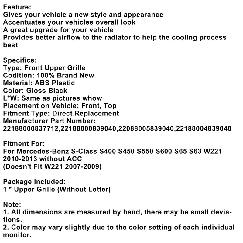 2010-2013 Mercedes Benz S-Klasse W221 S550 S600 S63 S65 Frontgrill