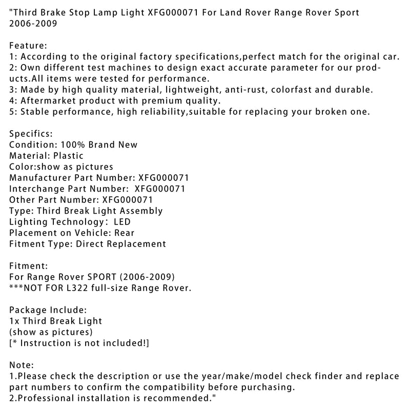 2006-2009 Land Rover Range Rover Sport Kolmas jarruvalo Jarruvalo XFG000071