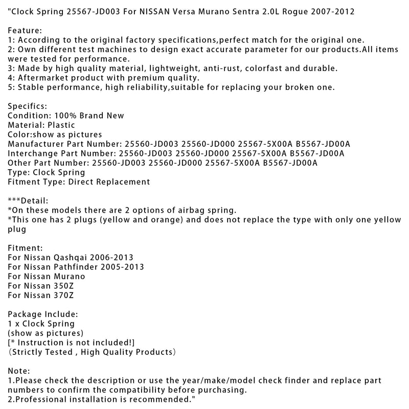 Wickelfeder 25567-JD003 Für NISSAN Versa Murano Sentra 2.0L Rogue 2007-2012