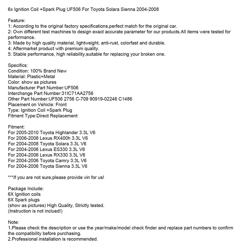 2004-2006 Toyota Sienna 3.3L V6 6x Tändspole + tändstift UF506 31IC71AA2756