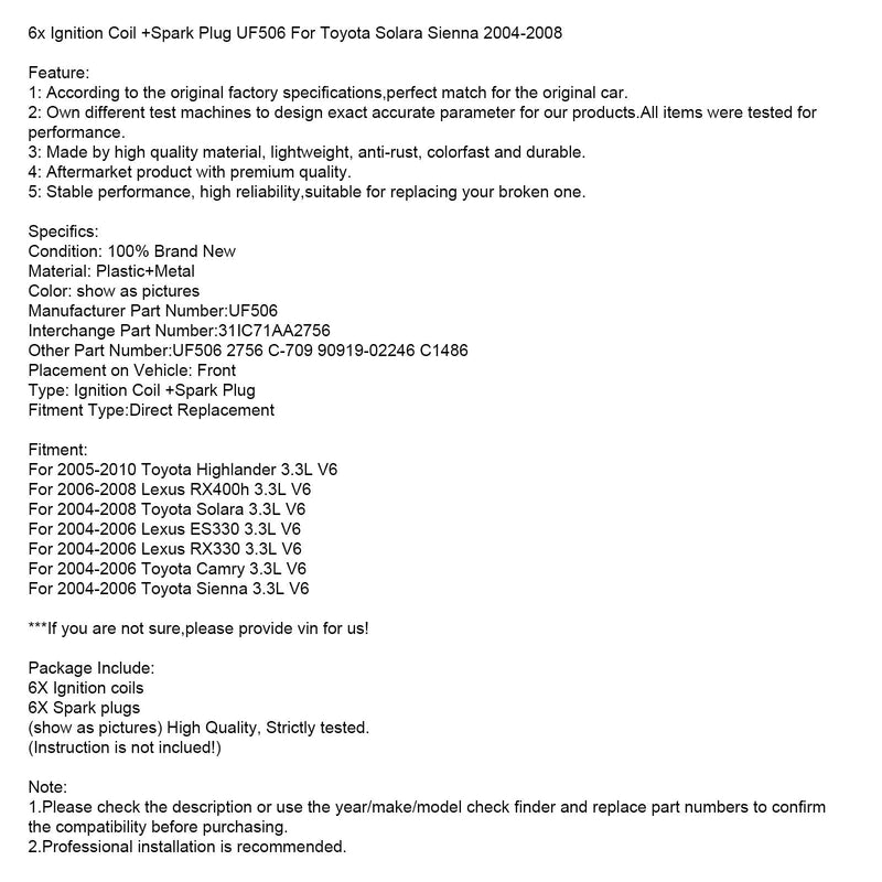 2004-2006 Lexus RX330 3,3L V6 6x Tändspole + Tändstift UF506 31IC71AA2756