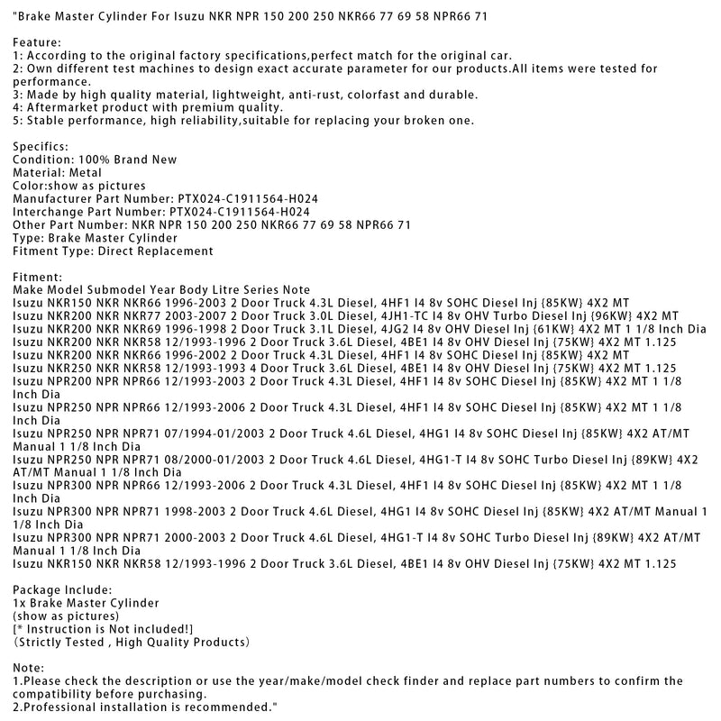 07/1994-01/2003 Isuzu NPR250 NPR NPR71 2-türiger LKW 4,6 l Diesel Hauptbremszylinder PTX024-C1911564-H024 NKR66