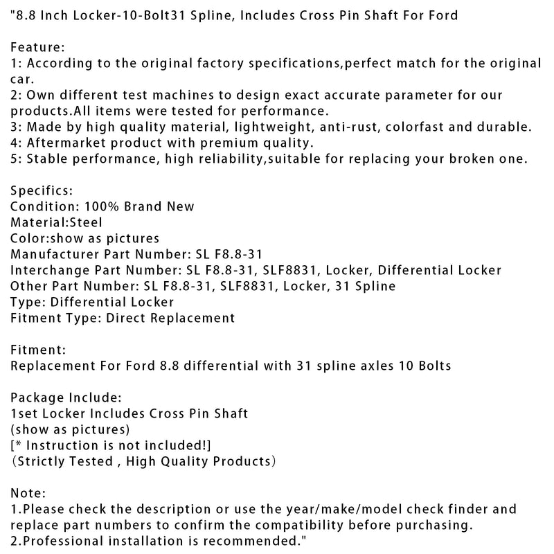 8,8 Zoll Locker-10-Bolt31 Spline, inklusive Querstiftwelle für Ford