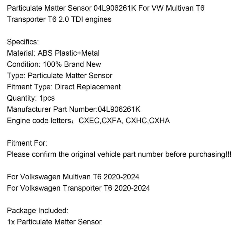 2020-2024 VW Multivan T6 Transporter T6 2.0 TDI Partikelsensor 04L906261K
