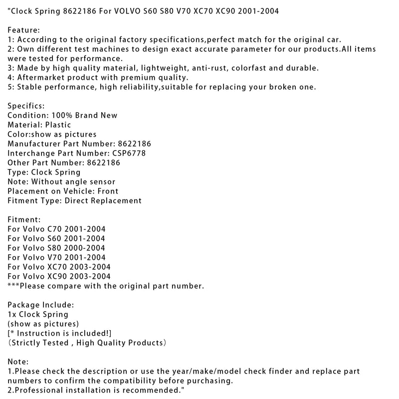 2001-2004 Volvo S60 Clock Spring 8622186 CSP6778