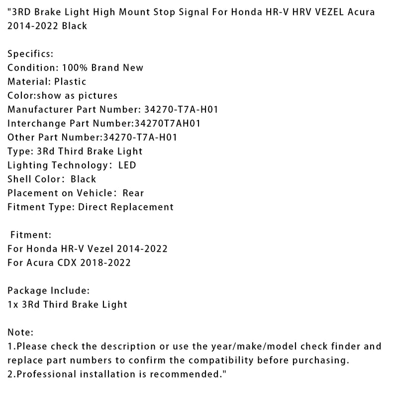 3. Bremslicht hoch montiertes Stoppsignal für Honda HR-V HRV VEZEL Acura 2014-2022