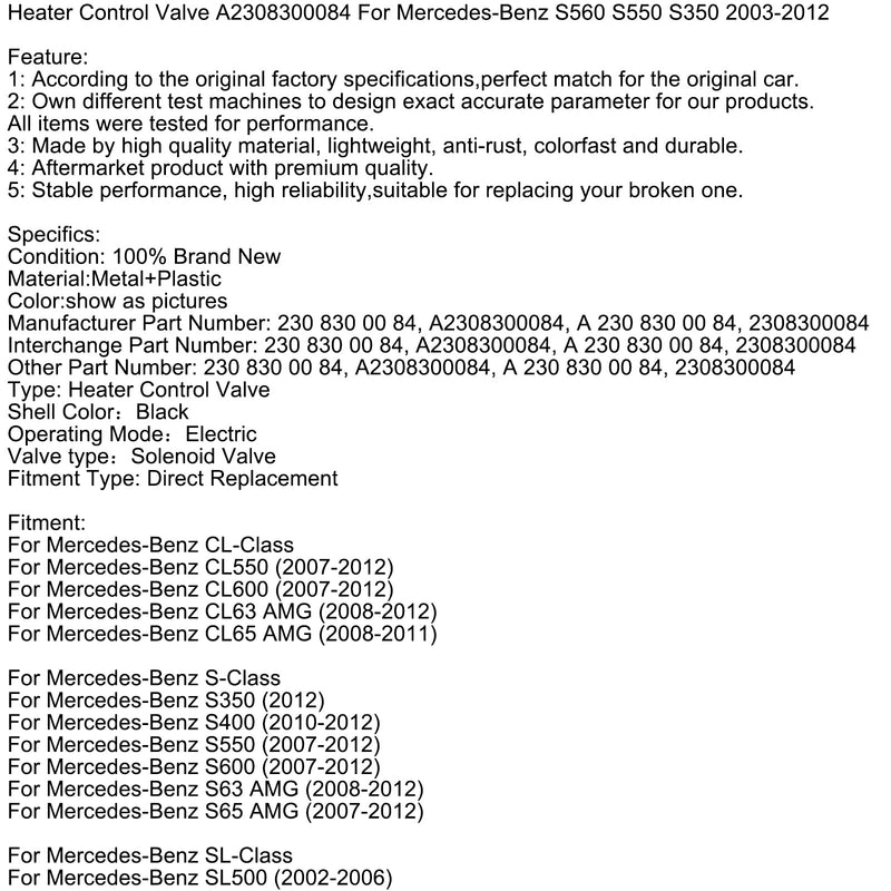 Heizungsregelventil A2308300084 Für Mercedes-Benz S560 S550 S350 2003-2012