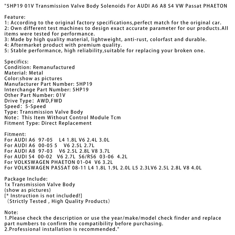 1997-2005 Audi A6 L4 1,8 L V6 2,4 L 3,0 L 5HP19 01V Solenoid s převodovkou