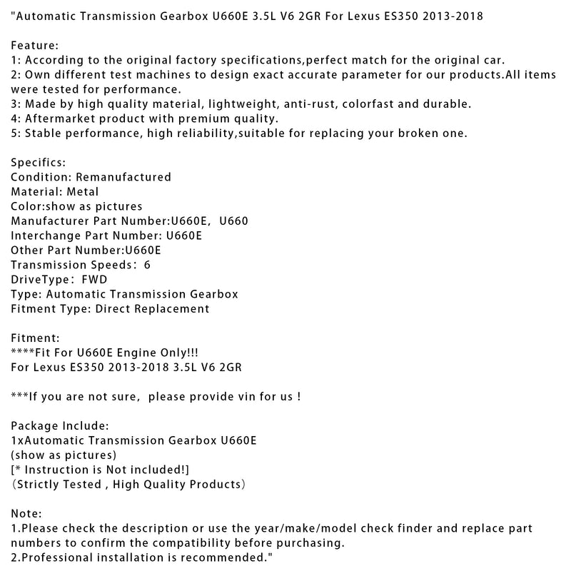 2013–2018 Lexus ES350 Automatikgetriebe U660E 3,5L V6 2GR