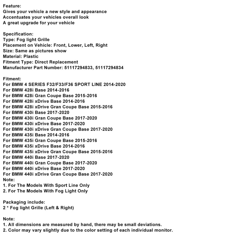 Teilweise offenes Gitter Nebelscheinwerfergitter 51117294831 Passend für BMW F32 F33 F36 418D