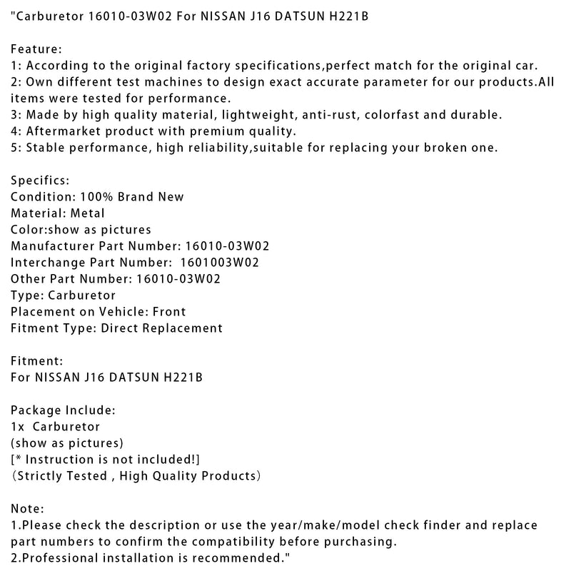 Vergaser 16010-03W02 Für NISSAN J16 DATSUN H221B