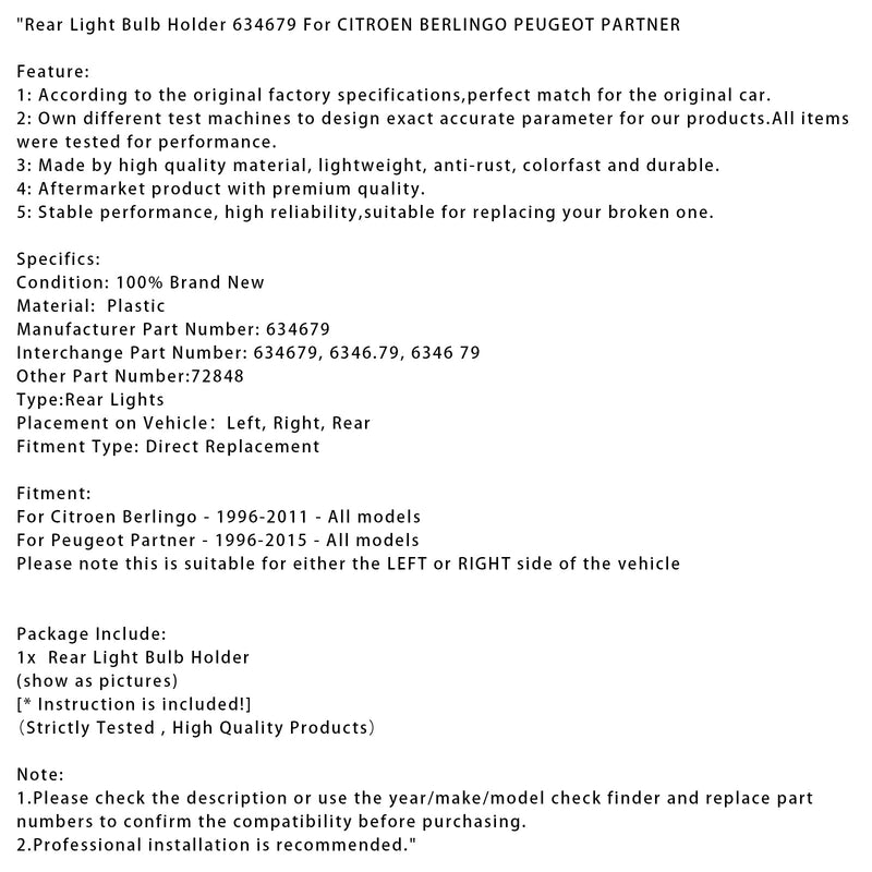 1996-2011 Citroen Berlingo Rear Light Bulb Holder 634679 72848