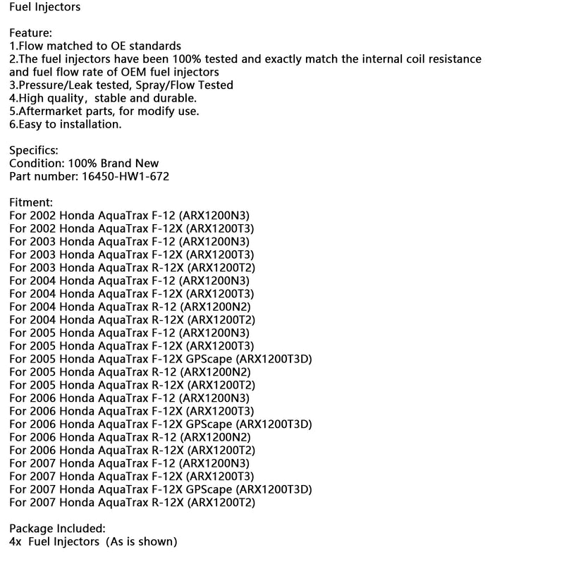 4 STÜCKE 16450-HW1-672 Einspritzdüsen Für Honda AquaTrax F12 F12X 02-07 R12 R12X 03-07