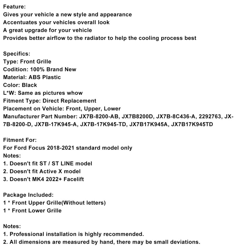 2018–2021 Ford Focus MK4 ST Style Schwarz Frontstoßstangengrill Untergrill