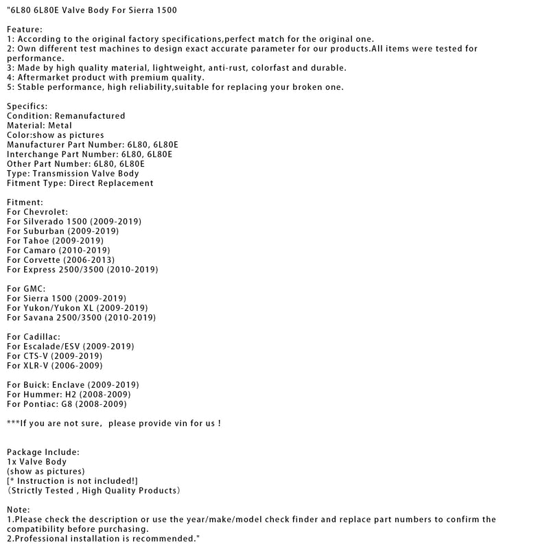 2009-2019 Chevrolet Silverado 1500 Ventilkörper 6L80 6L80E