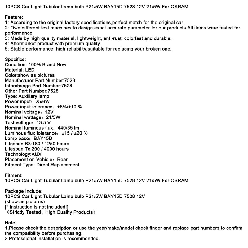 10 STÜCKE Auto Licht Rohr Lampe birne P21/5 Watt BAY15D 7528 12 V 21/5 Watt Für OSRAM