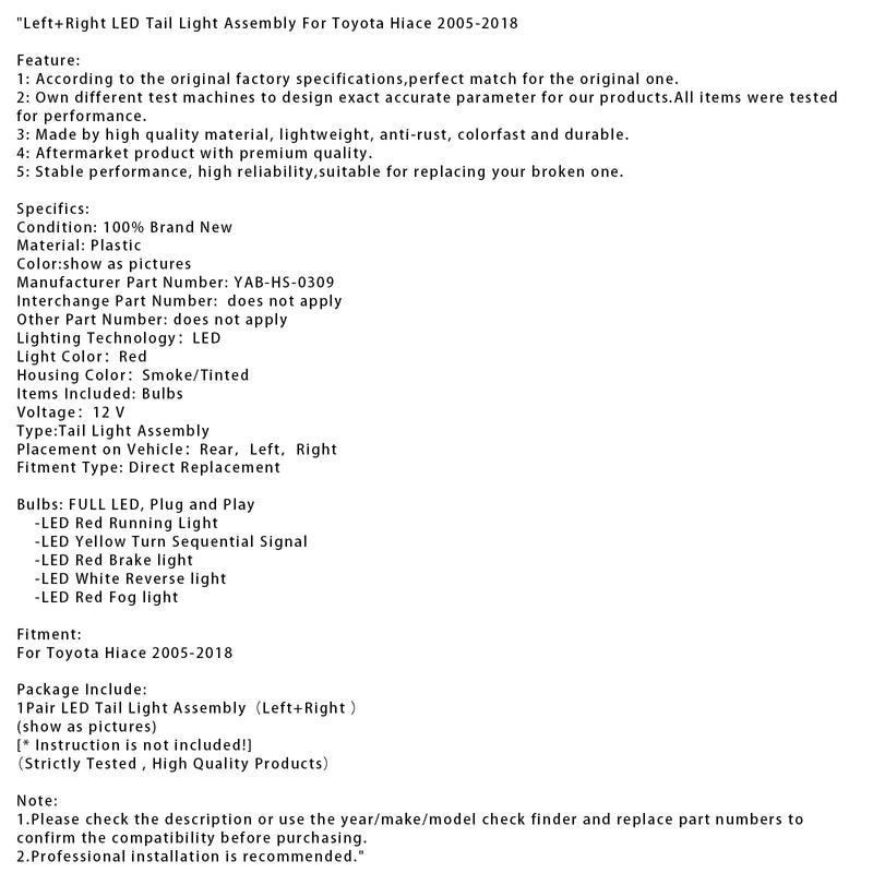 2005–2018 Toyota Hiace links + rechts LED-Rücklichtbaugruppe