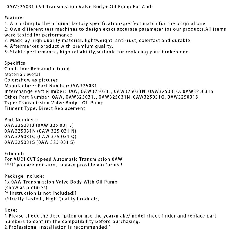 AUDI CVT Geschwindigkeit Automatische CVT Übertragung Ventil Körper + Öl Pumpe 0AW325031