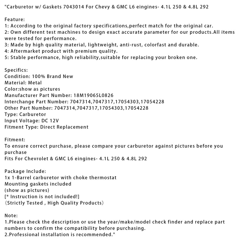 Vergaser mit Dichtungen 7043014 für Chevy &amp; GMC L6-Motoren – 4,1 l 250 und 4,8 l 292