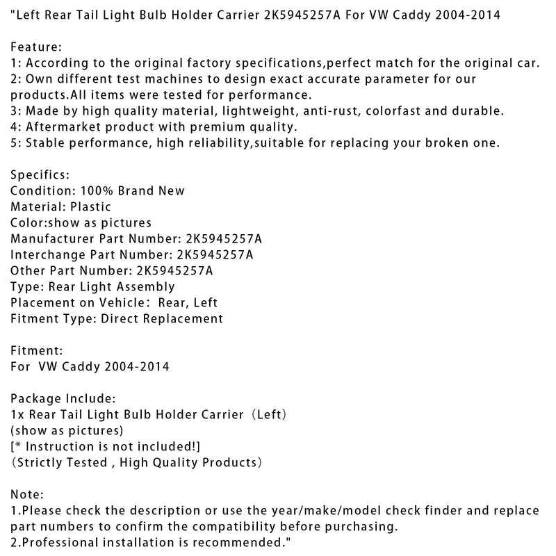 2004–2014 VW Caddy links hinten Rücklicht Lampenfassung Träger 2K5945257A