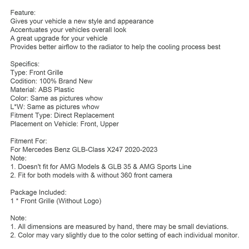 2020-2023 Mercedes Benz GLB X247 mřížka chladiče lesklá černá pro přední nárazník
