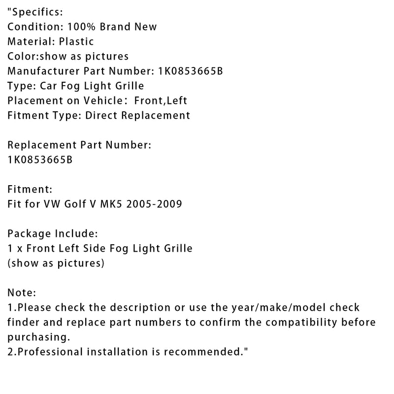 2005–2009 VW Golf V MK5 vorne links Stoßstangengrill Nebelscheinwerfer Grill 1K0853665B