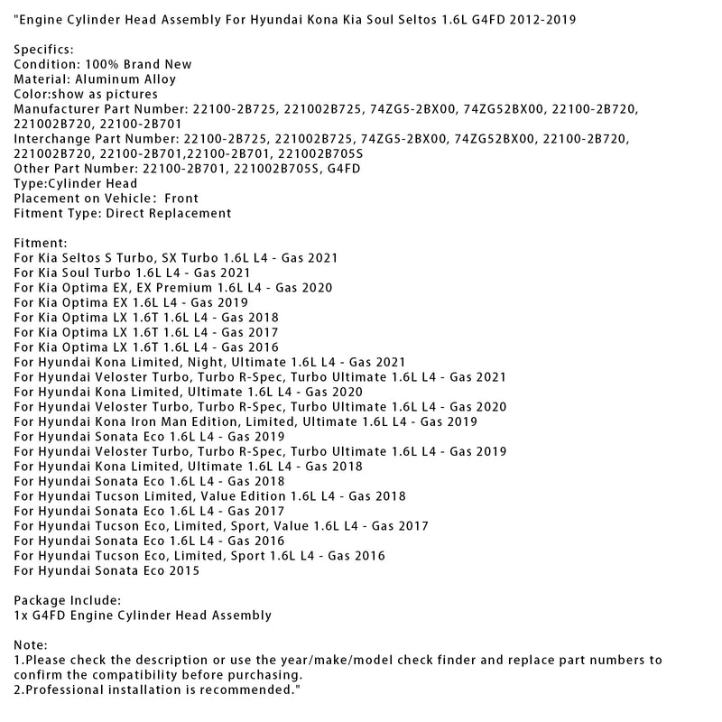 2021 Hyundai Veloster Turbo, Turbo R-Spec, Turbo Ultimate 1,6 L L4-válcová sestava hlavy pro benzínové motory G4FD 221002B725