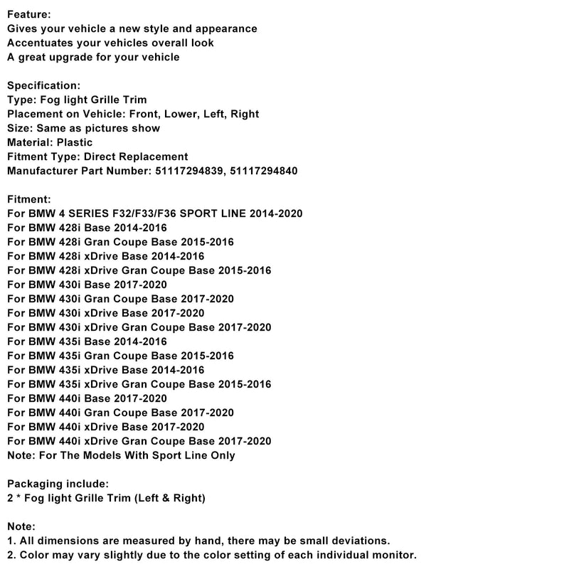 BMW 428i F32 F33 F36 Links &amp; Rechts Nebelscheinwerfer Blende Kühlergrill Frontstoßstange Trim