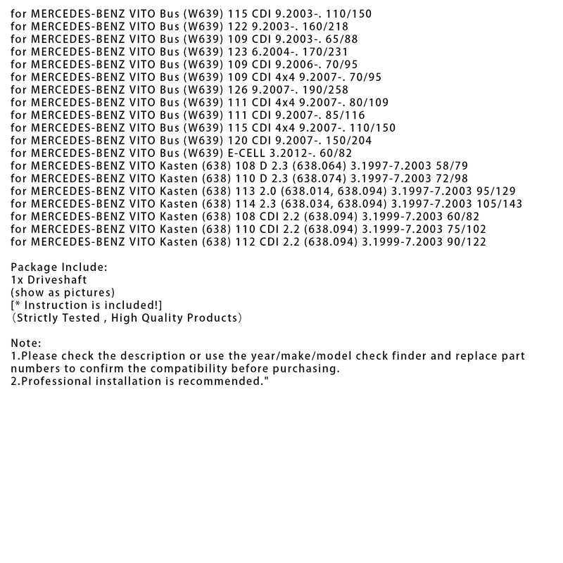 09.2007-on MERCEDES-BENZ VITO / MIXTO Kasten (W639) 120 CDI 150/204 Kardanwelle Antriebswelle 2211mm Länge 6394103206