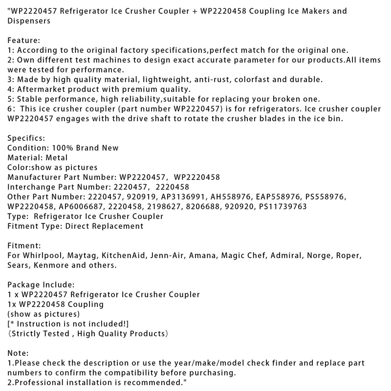 WP2220457 Kühlschrank-Eiszerkleinerer-Koppler + WP2220458 Kupplung